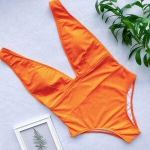 Miiaswim Orange Deep V-Neck One Piece Bathing Suit